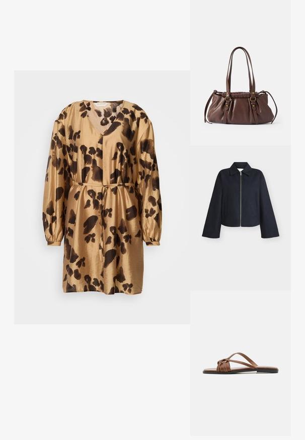 Veste noire à fermeture éclair avec manches larges, col et deux poches latérales sur un fond clair uni.; Robe à manches courtes en satin doré avec imprimé léopard brun, cintrée à la taille avec une ceinture assortie. Texture douce et silhouette fluide.; Sandales en cuir marron avec semelle plate, dotées de plusieurs bandes entrecroisées et d'un nœud décoratif au niveau du pied pour un maintien sécurisé.; Sac à main en cuir brun avec deux longues poignées, design froncé, accents en métal doré et finition texturée.