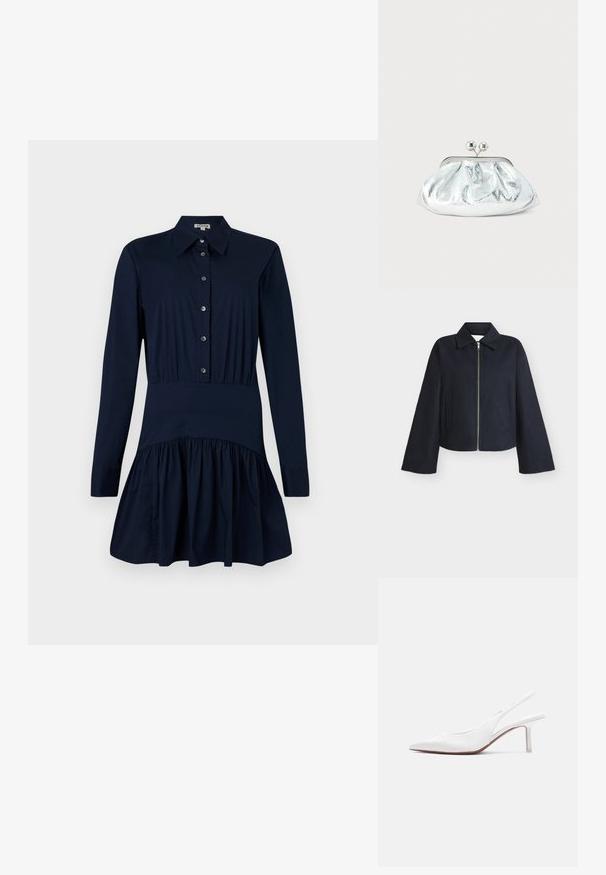 Must musta lukuga jope laiade varrukate, krae ja kahe küljetaskuga, taustal on heledapõhjaline.; Tumesinine shirt-kleit, millel on nööbid ees, pikad varrukad, kitsas talje ja laienev seelik, mille alläär on kogutud detailidega.; Valge nahast naiste slingback-tüüpi jalanõu, terava ninaotsaga, madala kitsa kontsaga ja väikese dekoratiivse lipsuga peal, esitatud külgvaates.; Väike hõbedane metallist õlalõikaja ümarate, volditud detailidega ja sulguriga, millel on kaks hõbedast palli.