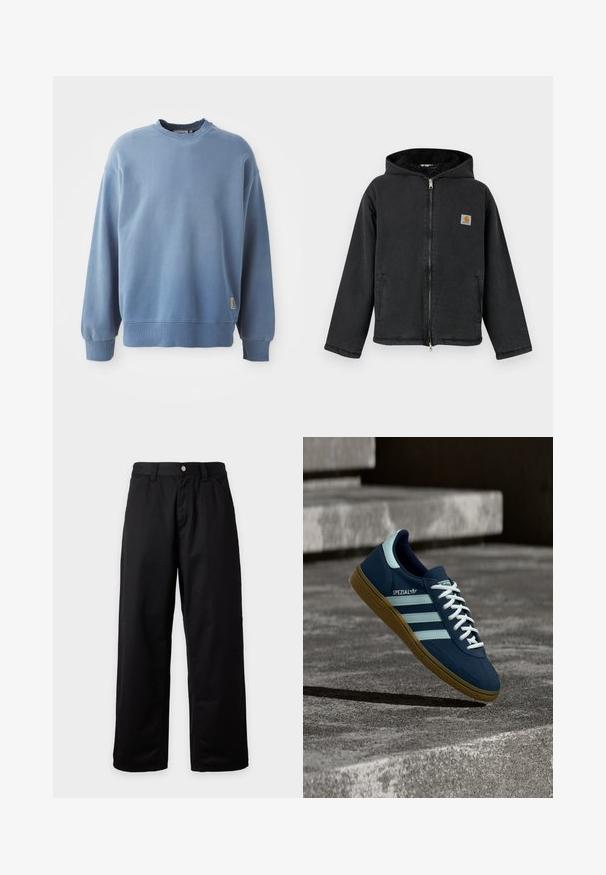 Schwarze Zip-up-Jacke mit Kapuze, ausgestattet mit einem mit Fell gefütterten Innenfutter, Seitentaschen und einem quadratischen Logopatch auf der Brust. Robuster Stoff.; Hellblauer Pullover aus weichem Material, mit Rundhalsausschnitt, langen Ärmeln, gerippten Bündchen und Saum sowie einem kleinen Logoschild nahe dem Saum.; Schwarze, weit geschnittene Hosen mit Gürtelschlaufen, Frontknopf und Reißverschluss, vor einem einfarbigen hellen Hintergrund dargestellt.; Blauer Adidas Spezial Sneaker mit weißen Streifen und Schnürsenkeln, Gummisohle, schwebend über rauer Betonoberfläche und Treppen im Hintergrund.