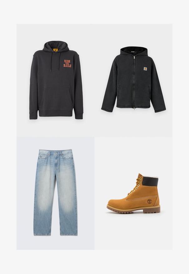 Sort lynlåstrøje med hætte, foret med pels, sidelommer og et firkantet logoemblem på brystet. Holdbart stof.; Grå hættetrøje med kængurulomme, snørehætte og orange "RIDE THE RAILS" tekst på brystet. Blødt stof med en glat tekstur.; Lyseblå straight-leg denim jeans med falmede forside på lårene, fem-lomme stil, knaplukning og bæltestropper.; Brune læder ankelstøvle med metaløjer, hvid pelsforing, sort polstret krave, robust sål og præget logo på siden.