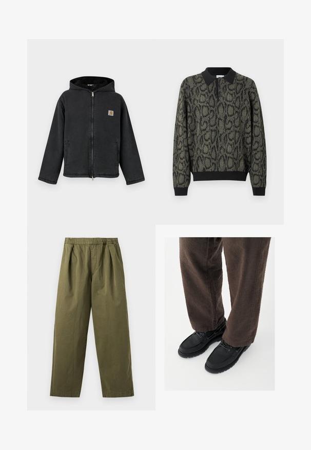 Zwarte jas met ritssluiting en capuchon, voorzien van een met bont gevoerde binnenkant, zijzakken en een vierkante logopatch op de borst. Duurzame stof.; Polo met lange mouwen met zwarte kraag, manchetten en zoom, met een donker groen en zwart slangenhuidpatroon over het lichaam en de mouwen.; Olijfgroene broek met wijde pijpen, een elastische tailleband en plooien aan de voorkant, getoond tegen een lichte achtergrond.; Zwarte leren schoenen met een gladde afwerking, ronde neus en vetersluiting, gecombineerd met textuurrijke bruine broek. Vanuit een laag perspectief gezien.