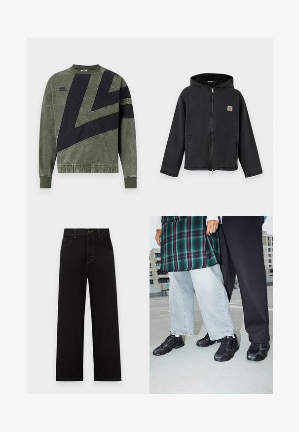 Sort lynlåstrøje med hætte, foret med pels, sidelommer og et firkantet logoemblem på brystet. Holdbart stof.; Langærmet sweatshirt i grøn og sort farveblok med ribbede manchetter og krave, med Umbro-logo på venstre bryst.; Sorte denimbukser med lige pasform, der har frontlommer, kontrastgule syninger og en knaplukning i taljen.; Sorte atletik sko med mesh- og gummidetaljer. Båret med lysegrå vide jeans og en ternet grøn bluse. Flad overflade i baggrunden.