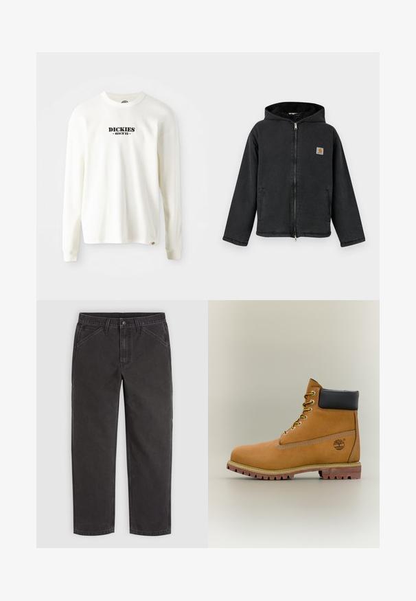 Zwarte jas met ritssluiting en capuchon, voorzien van een met bont gevoerde binnenkant, zijzakken en een vierkante logopatch op de borst. Duurzame stof.; Witte lange mouw geribbelde sweatshirt met een zwart logo "DICKIES" en "SINCE '22" eronder, ronde hals en manchetten.; Zwarte broek met rechte pijpen, voorzakken, riemlussen, knoopsluiting en zichtbare stiksels op een effen achtergrond.; Bruine leren enkellaars met zwarte kraag, gele veters en een zandkleurige zool. Voorzien van een logo en witte stikseldetails. Robuuste loopzool met grip.