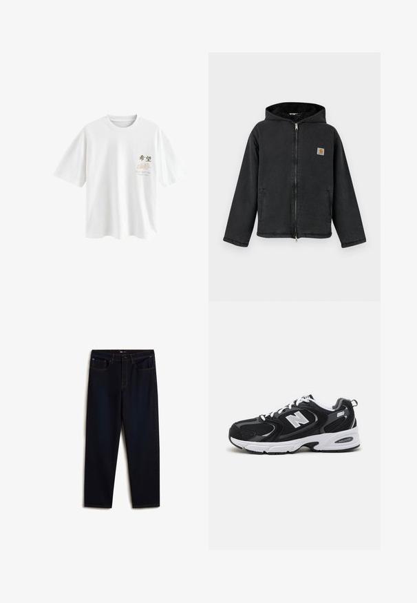 Zwarte jas met ritssluiting en capuchon, voorzien van een met bont gevoerde binnenkant, zijzakken en een vierkante logopatch op de borst. Duurzame stof.; Next T-SHIRT - T-shirt print - white japan; Vans Relaxed fit jeans - dark blue; Zwarte en grijze sport schoenen met een bovenwerk van mesh en suede, voorzien van een witte tussenzool, veters en een gedurfde "N"-logo aan de zijkant.