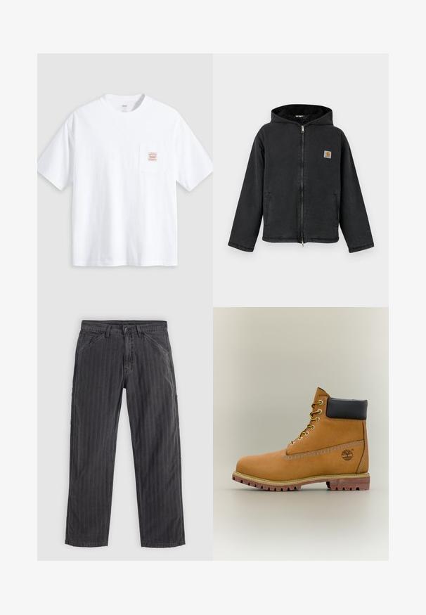 Zwarte jas met ritssluiting en capuchon, voorzien van een met bont gevoerde binnenkant, zijzakken en een vierkante logopatch op de borst. Duurzame stof.; Witte T-shirt met korte mouwen en ronde hals, met een klein borstzakje aan de voorkant met een beige en rood rechthoekig label.; Zwart gestreepte broek van een katoenmix. Heeft een recht model, zijzakken en een knoopsluiting.; Bruine leren enkellaars met zwarte kraag, gele veters en een zandkleurige zool. Voorzien van een logo en witte stikseldetails. Robuuste loopzool met grip.