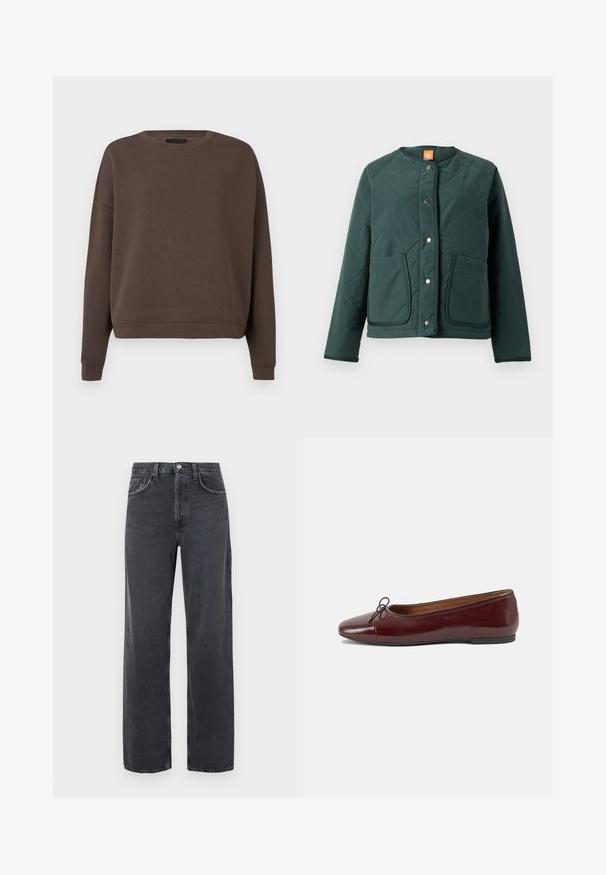 Gepolsterte dunkelgrüne Jacke mit rundem Ausschnitt, Druckknopfverschluss und zwei Fronttaschen. Strukturiertes Gewebe mit glatter Oberfläche.; Brauner Pullover mit Rundhalsausschnitt, langen Ärmeln und ribbed Bündchen. Aus weichem Stoff mit glatter Textur und lockerer Passform gefertigt.; Schwarze Jeans mit weitem Bein und ausgewaschenem Finish, mit zwei Vordertaschen und Knopfverschluss an der Taille. Klassisches Fünf-Taschen-Design.; Burgunderfarbenes, lackiertes Ballettschuh mit abgerundetem Zehenbereich, kleiner Schleifenakzent vorne und einer niedrigen, schwarzen Gummisohle. Glatte Textur.