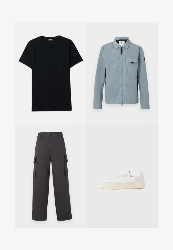 Hellblau, langärmlige Jacke mit Kragen, Frontreißverschluss und einer Brusttasche. Mit einem schwarzen Akzent am linken Arm. Glatte Textur.; Dondup SLIM FIT - T-Shirt basic - black; Cargo-Hosen in Dunkelgrau, aus einem glatten Stoff gefertigt, mit zwei seitlichen Taschen und Knopfverschlüssen. Lockere Passform mit umgeschlagenen Säumen.; Weißer Sneaker mit strukturiertem Obermaterial aus Wildleder und Leder. Verfügt über eine runde Zehenpartie, Schnürverschluss und eine kontrastierende beige Gummisohle.