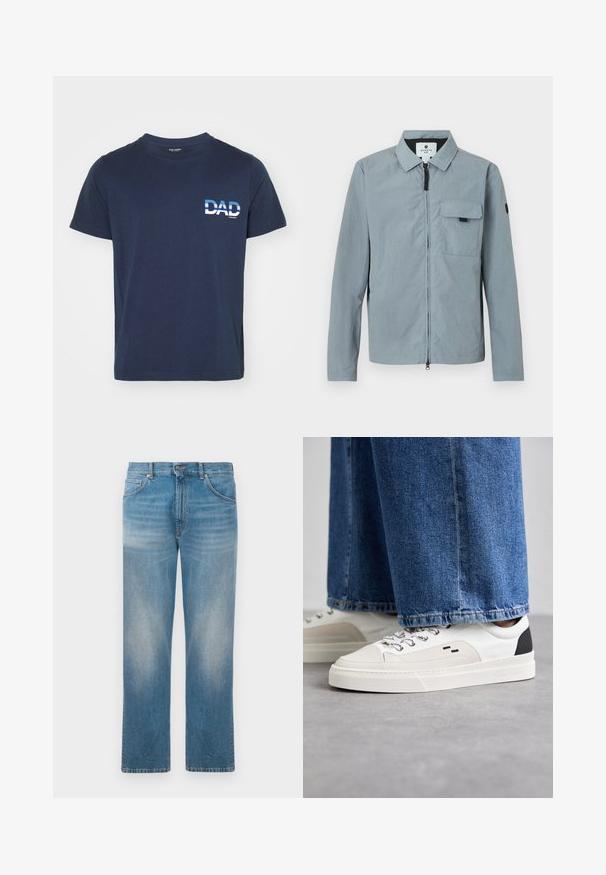 Lyseblå, langærmet jakke med krave, frontlynlås og brystlomme. Har en sort accentering på venstre arm. Glat tekstur.; Mørkeblå bomulds T-shirt med korte ærmer. Har en hvid grafisk tekst "DAD" på venstre side, i fed skrift. Enkel og afslappet design.; Straight-leg blå denim jeans med slidte lapper på lår og knæ, med klassisk fem-lomme design og knaplukning.; Hvide og sorte sneakers med en glat læderoverdel, teksturerede detaljer og en kraftig hvid sål. Har et klassisk snørebåndsdesign.