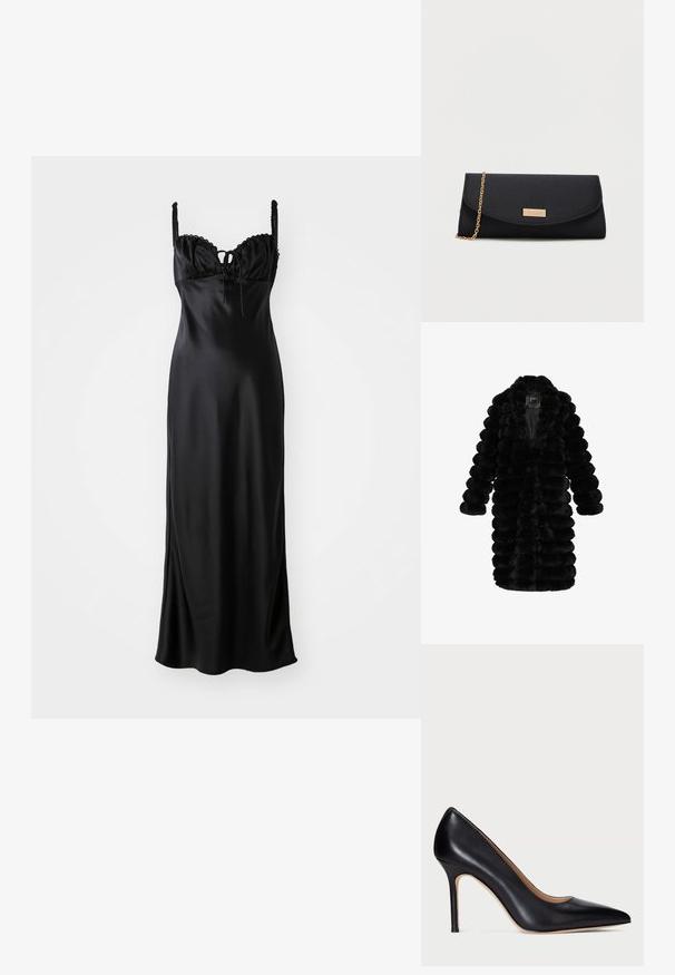 Schwarzer Kunstpelzmantel mit wellenförmigem Muster, langen Ärmeln und Schalkragen. Das Design hat eine samtige Textur und eine semi-fitted Form.; Schwarzes Satin-Maxikleid mit einem taillierten Oberteil, gewelltem Spitzenbesatz, verstellbaren Spaghetti-Trägern und einer Frontbindedetail.; Schwarze Leder-Pumps mit hohem Absatz, spitzem Schuhkopf und schlankem Stiletto-Absatz. Die glatte Textur und die minimalen Details verleihen ein klassisches Design.; Schwarze Umschlag-Clutch mit einer goldenen Kettenriemen und einem kleinen goldenen rechteckigen Logo-Emblem auf dem vorderen Klappen.