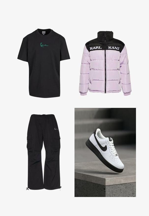 Lilla pufferjakke med sort øverste panel, der har hvid tekst "KARL KANI", lynlås foran og elastiske manchetter. Båret tekstur.; Sort bomulds T-shirt med korte ærmer og rund hals. Har grøn "Kanye" signatur grafik foran. Ensfarvet bagpå og afslappet pasform.; Sorte cargobukser lavet af letvægtsstof, med elastisk talje med snøre, sidelommer og justerbare manchetter.; Hvid lædersneaker med sorte detaljer, rundet tå og perforerede detaljer. Sort gummisål med tekstureret mønster og snørelukning.