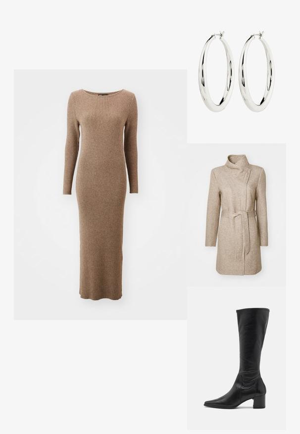 ONLY ONLELLI LIGHT COAT CS OTW - Halflange jas - walnut melange; Langsleeve geribd jurk in een warme bruine kleur, met een ronde halslijn en een aansluitend ontwerp dat tot de enkels reikt.; Zwarte leren laars tot de knie met een puntige neus, minimale naaddetails en een chunky vierkante hak. Soepele textuur met een glanzende afwerking.; Zilveren creool oorbellen met een gladde, reflecterende oppervlak. Ronde, grote vorm met een veilige sluiting aan de bovenkant. Gepolijste afwerking toont de glans.