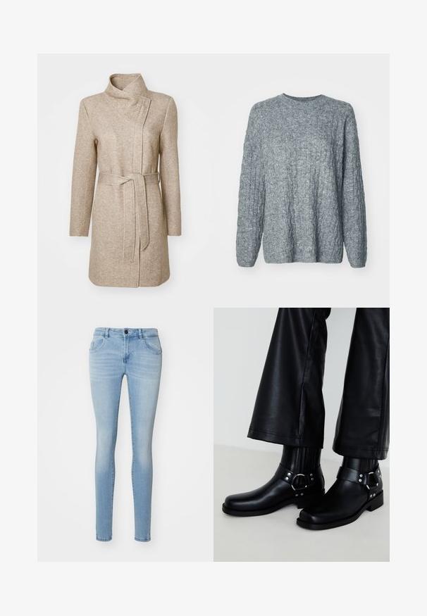 ONLY ONLELLI LIGHT COAT CS OTW - Kurzmantel - walnut melange; Grauer Strickpullover mit strukturiertem, geripptem Design. Rundhalsausschnitt und lange Ärmel. Hergestellt aus einem weichen, mittelschweren Material.; Helles blaues Skinny-Jeans aus Denim, mit hoher Taille, Fünf-Taschen-Design und leichten Verblassungen für einen lässigen Look.; Schwarze Leder Stiefeletten mit runder Spitze, ausgestattet mit einer dekorativen Schnalle und Nieten am Riemen sowie vertikalen Rippendetails.