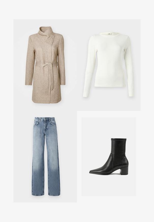 ONLY ONLELLI LIGHT COAT CS OTW - Korte frakker - walnut melange; Hvid langærmet top lavet af ribbet stof med rund halsudskæring og tætsiddende pasform. Sømløse ærmeafslutninger.; Bredde ben bløde denim jeans i blå med en lys vask, lynlås, fem-lomme design og subtil falming nær anklerne.; Sorte ankelstøvler lavet af glat læder, med spids tå, en blokhæl og markant hævet syning ved den øverste kant.