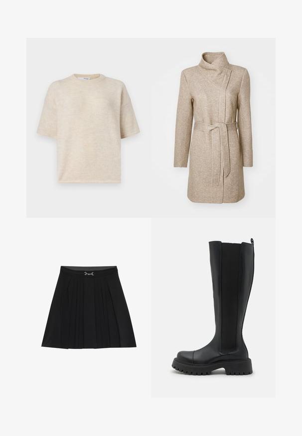 ONLY ONLELLI LIGHT COAT CS OTW - Pitkä takki - walnut melange; Lyhythihainen beige neulepaita pyöreällä pääntiellä, pehmeällä tekstuurilla ja väljällä istuvuudella. Kankaassa on hienovaraisia värivaihteluita kauttaaltaan.; Mustalla laskostetulla hameella, jossa on muotoiltu vyötärö ja hopeiset yksityiskohdat. Valmistettu sileästä kankaasta, jossa on pystysuorat laskosteet ja levenevä muoto.; Mustat polvipituiset saappaat, joissa on sileä nahka yläosa, joustavat sivupaneelit, paksu urheilu pohja ja pyöreä kärki.