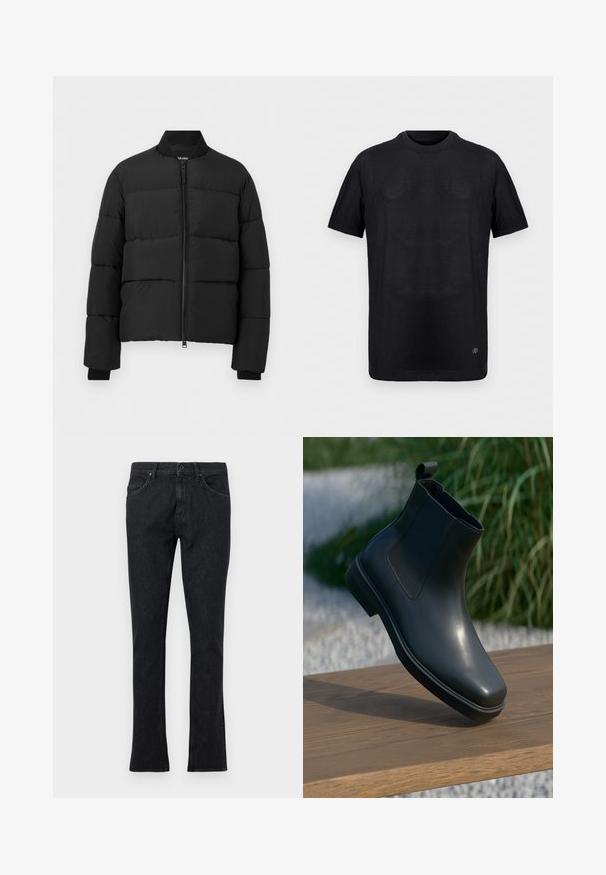 Doudoune noire à fermeture éclair frontale, col montant, matelassage horizontal et manches longues avec poignets ajustés.; T-shirt noir à manches courtes en maille côtelée avec col rond et petit logo métallique près de l'ourlet inférieur sur un fond uni.; Jean noir en denim à jambes droites avec fermeture à boutons sur le devant et fermeture éclair, design à cinq poches et passants pour ceinture sur un fond uni.; Bottine en cuir noir avec une surface lisse, des côtés élastiques et une languette de tirage boucle, posée sur une surface en bois avec un arrière-plan flou.
