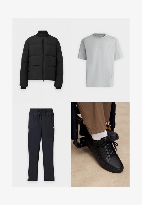 Schwarze Steppjacke mit Frontreißverschluss, hohem Kragen, horizontaler Steppung und langen Ärmeln mit enganliegenden Bündchen.; Hellgraues T-Shirt mit kurzen Ärmeln, Rundhalsausschnitt und geprägt "Calvin Klein" Logo mittig auf der Brust.; Schwarze Sporthose mit elastischem Bund, Kordelzug, weißen Seitenstreifen und kleinem weißem Schmetterlingslogo am rechten Oberschenkel.; Schwarzer Ledersneaker mit Schnürsenkeln und seitlichem Reißverschluss, getragen mit weißen Socken und brauner Hose, Fuß ruht auf der Fußstütze eines Rollstuhls.