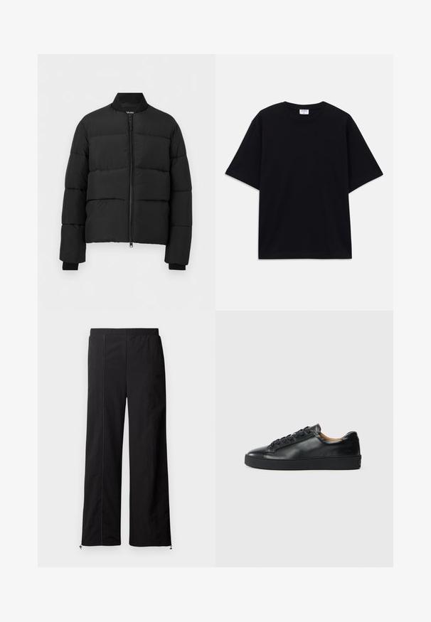 Schwarze Steppjacke mit Frontreißverschluss, hohem Kragen, horizontaler Steppung und langen Ärmeln mit enganliegenden Bündchen.; Schwarzes, oversized T-Shirt mit kurzen Ärmeln und rundem Ausschnitt, mit sichtbarem Filippa K Markenlabel im Kragen.; Schwarze weit geschnittene Hosen mit glatter Textur, elastischem Bund und Kordelzugverschluss an den Knöcheln. Verfügt über kontrastierende Steppnähte.; Schwarze Leder-Sneaker mit glatter Textur, runder Zehenpartie und Schnürverschluss. Verfügt über eine dicke Gummisohle und minimalistische Marken-Details.