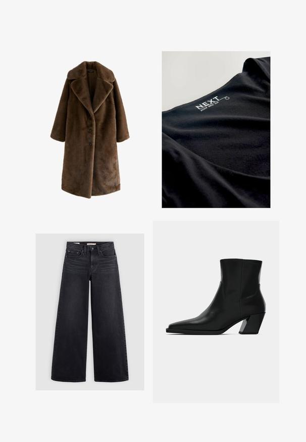 Manteau en fausse fourrure marron avec un large col à revers, des manches longues et trois boutons noirs sur le devant. Texture douce et design surdimensionné.; Top noir à encolure dégagée en tissu doux, avec une texture lisse et le nom de la marque "NEXT" imprimé en blanc au niveau du col.; Jean noir à jambe large en denim, avec une taille haute, un design à cinq poches et un léger délavage sur le devant.; Bottine en cuir noir avec un bout pointu, une silhouette élégante et un talon carré massif. Texture lisse avec des détails de couture minimalistes.