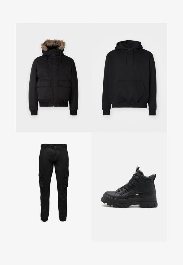 Zwarte hoodie gemaakt van duurzaam materiaal, met een nepbont gevoerde capuchon, een ritssluiting aan de voorkant en twee grote voorzakken.; Zwarte pullover hoodie van een zachte katoenmix, beschikt over een kangoeroezak, een trekkoordkap, ribgebreide boorden en een relaxte fit.; Zwarte cargobroek met zijflaplzakken, elastische manchetten, knopen aan de voorkant en ritssluiting.; Zwarte hoge schoenen van gestructureerd leer, met een dikke rubberen zool, vetersluiting aan de voorkant en een klein logo detail aan de zijkant.