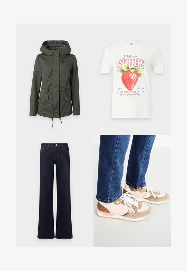 Chaqueta con capucha de color verde oscuro con cremallera frontal, bolsillos con solapa, cordones en la cintura y el dobladillo, y un pequeño bolsillo con cremallera en el pecho.; Camiseta blanca de manga corta con un gran gráfico rojo de una fresa y texto que dice "STRAW BERRY", "Farm Fresh" y "Handpicked Perfection".; Jeans vaqueros de pierna ancha en azul oscuro, con bolsillos delanteros, cierre de botón y cremallera, y costuras contrastantes visibles.; Zapatillas con una mezcla de piel en color rosa empolvado y ante beige, con cordones blancos, una entresuela blanca y una suela de goma texturizada. Jeans de mezclilla ligeramente recortados por encima del zapato.
