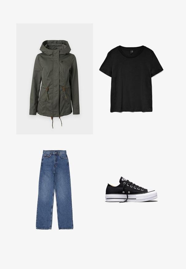 Dunkelgrüne Kapuzenjacke mit Frontreißverschluss, Klappentaschen, Kordelzügen an Taille und Saum sowie einer kleinen Reißverschlusstasche auf der Brust.; Schwarzes Kurzarm-T-Shirt aus weichem Stoff. Verfügt über einen klassischen Rundhalsausschnitt und einen lockeren Schnitt mit geradem Saum.; Jeans aus Denim mit hoher Taille und weitem Bein, in einer klassischen blauen Waschung, mit sichtbaren Nähten und metallischen Verzierungen an der Vordertasche.; Schwarzer Canvas-Sneaker in Low-Top-Form mit weißer Gummisohle auf Plateau, schwarzen Schnürsenkeln und Metallösen vor weißem Hintergrund.