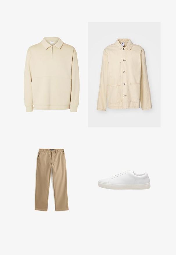 Beige Jacket mit durchgehender Knopfleiste, zwei Brusttaschen und Seitentaschen, mit kontrastierenden Nähten und einem Kragen.; Beiger Pullover-Sweatshirt aus weichem Stoff mit einem Reißverschluss am Hals, einem Kragen und einem lässigen Schnitt mit einfachen horizontalen Nahtdetails.; Beige Chinos mit geradem Bein, gefertigt aus leichtem Baumwollstoff. Verfügen über zwei Vordertaschen und einen Knopfverschluss. Glatte Textur, minimalistische Details.; Weiße Leder-Sneaker mit glatter Textur, runder Zehenpartie, Schnürverschluss und flacher Gummisohle. Minimalistisches Design ohne sichtbare Muster.