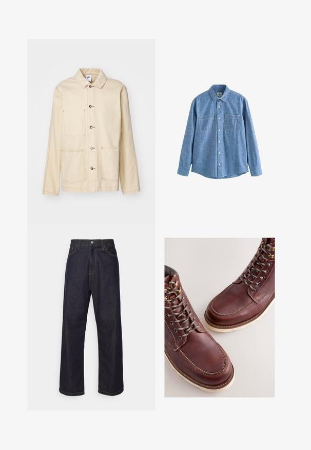 Beige Jacket mit durchgehender Knopfleiste, zwei Brusttaschen und Seitentaschen, mit kontrastierenden Nähten und einem Kragen.; Langärmliges blaues Chambray-Hemd mit Knopfleiste und zwei Brusttaschen, flach auf weißem Hintergrund liegend.; Dunkelblaue Jeans im geraden Schnitt mit gelben Nähten, Knopfverschluss, Reißverschluss und Fünf-Taschen-Design.; Braune Lederstiefel mit einer glatten Oberfläche, ausgestattet mit Metallösen, grauen Schnürsenkeln und einer cremefarbenen Gummisohle. Nahtdetail entlang der Kanten.