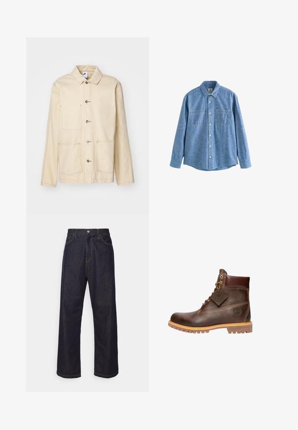 Beige Jacket mit durchgehender Knopfleiste, zwei Brusttaschen und Seitentaschen, mit kontrastierenden Nähten und einem Kragen.; Langärmliges blaues Chambray-Hemd mit Knopfleiste und zwei Brusttaschen, flach auf weißem Hintergrund liegend.; Dunkelblaue Jeans im geraden Schnitt mit gelben Nähten, Knopfverschluss, Reißverschluss und Fünf-Taschen-Design.; Braune Leder-Ankelstiefel mit runder Zehenpartie, robuster Sohle, goldfarbener Hardware und strukturiertem Obermaterial. Enthält ein angehängtes Logo-Tag.