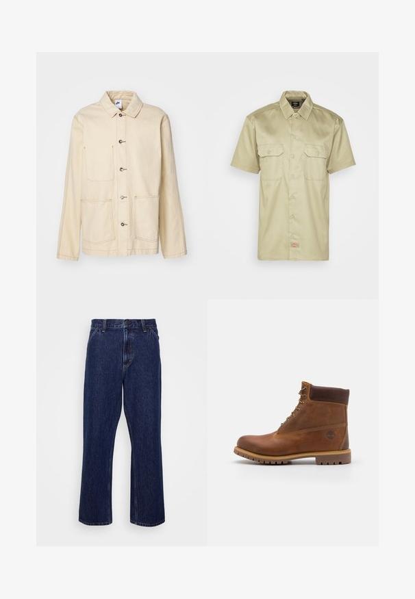 Beige Jacket mit durchgehender Knopfleiste, zwei Brusttaschen und Seitentaschen, mit kontrastierenden Nähten und einem Kragen.; Kurzärmeliges, khaki Knopfhemd mit Kragen, zwei Brusttaschen und einem kleinen gestickten Logo am Saum. Glatte Stofftextur.; Dunkelblaue Jeans aus Denim mit geradem Bein, ausgestattet mit einem Knopfverschluss, Fünf-Taschen-Style und dezenten Nähten.; Braune Lederwanderschuhe mit glatter Oberfläche, gepolstertem Knöchel, Metallösen und einer Gummisohle mit robustem Profil.