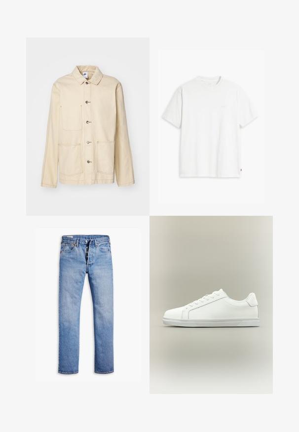 Beige jas met een knoopsluiting aan de voorkant, twee borstzakken en zijzakken, met contrasterende stiksels en een kraag.; Wit katoenen T-shirt met korte mouwen, ronde hals en een subtiel "Levi's" logo in een lichte kleur op de voorkant gedrukt.; Lichtblauwe denim jeans met een rechte broekspijp, vijfknopen sluiting, riemlussen en subtiele vervaging. Heeft twee voorzakken en koperen klinknagels.; Witte lage sneaker met veterluiting aan de voorkant en een gestructureerde rubberen zool tegen een neutrale achtergrond.