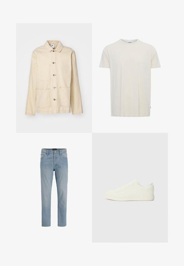Beige Jacket mit durchgehender Knopfleiste, zwei Brusttaschen und Seitentaschen, mit kontrastierenden Nähten und einem Kragen.; Schlichtes off-white kurzärmeliges T-Shirt mit Rundhalsausschnitt, kleinem Label im Kragen und Seitenschild am Saum.; Hellblaue Denim-Jeans mit geradem Schnitt, fünf Taschen, Knopfverschluss und einem leicht ausgewaschenen Finish.; Weiße Sneaker mit einer glatten Oberflächenstruktur, runder Zehenpartie und traditioneller Schnürung, im minimalistischen Design und mit Gummisohle.