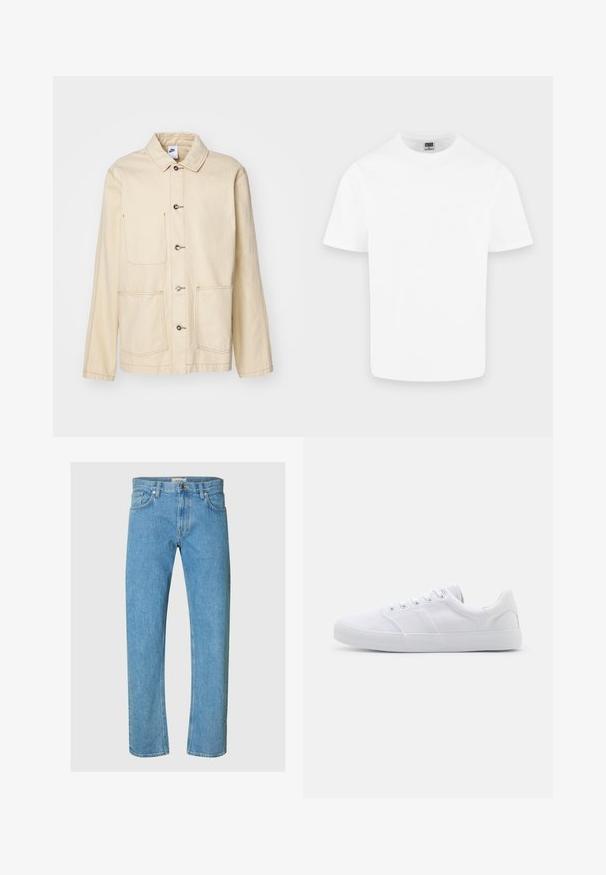 Chaqueta beige con un cierre de botones en la parte delantera, dos bolsillos en el pecho y bolsillos laterales, con costuras en contraste y un cuello.; Camiseta blanca lisa de algodón con cuello redondo y mangas cortas, mostrada sobre un fondo gris claro.; Los jeans de mezclilla en un tono azul claro presentan un diseño de pierna recta, estilo de cinco bolsillos y un cierre de cremallera con un botón de metal.; Zapatillas de lona blancas con suela de goma, que cuentan con seis ojales, una puntera texturizada y un diseño minimalista.