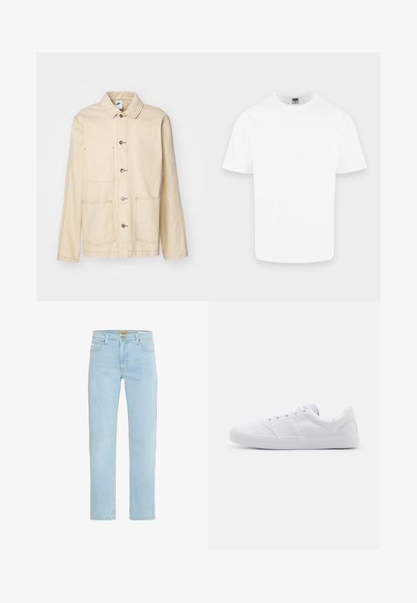 Beige jas met een knoopsluiting aan de voorkant, twee borstzakken en zijzakken, met contrasterende stiksels en een kraag.; Effen witte katoenen T-shirt met korte mouwen en ronde hals, weergegeven op een lichtgrijze achtergrond.; Lichtblauwe denim jeans met een rechte pasvorm, traditioneel vijf-pocketontwerp, en een messing knoop en ritsluiting aan de voorkant.; Witte canvas sneakers met een rubberen zool, voorzien van zes oogjes, een gestructureerde neuskap en een minimalistisch ontwerp.