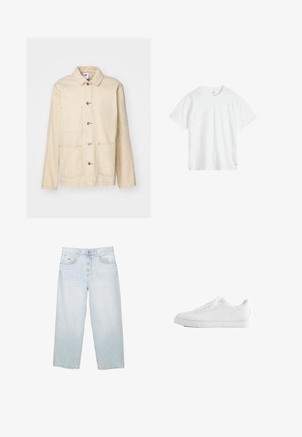 Beige jas met een knoopsluiting aan de voorkant, twee borstzakken en zijzakken, met contrasterende stiksels en een kraag.; Wit katoenen T-shirt met een ronde hals, korte mouwen en een ontspannen pasvorm. Voorzien van een klein merklipje aan de linkeronderkant.; Lichtblauwe hoge taille straight-leg jeans met een knoop aan de voorkant, zakken en een klein gemerkt metalen label op de rechter voorkzak.; Witte lage sneaker met veters, glad leren bovenwerk en een platte rubberen zool, vanaf de zijkant op een witte achtergrond.