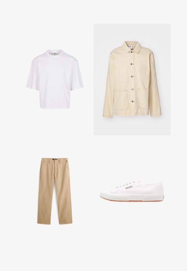 Beige jakke med knaplukning foran, to brystlommer og sidelommer, med kontrastsyning og krave.; Hvid t-shirt med korte ærmer, der har en rund halsudskæring og en afslappet pasform, lavet af et glat bomuldsblandingsstof. Ingen mønstre eller udsmykninger.; Beige bukser med lige ben, bæltestropper, frontknap, lynlås og sidelommer mod en hvid baggrund.; Hvide kanvas sneakers med gummisål, snørebåndsdesign og et lille logo mærke på siden. Tekstureret hvid overdel og brun ydersål.