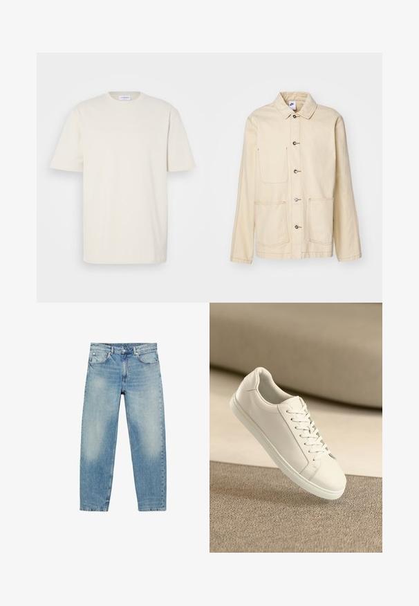 Beige Jacket mit durchgehender Knopfleiste, zwei Brusttaschen und Seitentaschen, mit kontrastierenden Nähten und einem Kragen.; Kurzarm-T-Shirt in Off-Weiß, aus Baumwolle gefertigt. Klassisches Rundhalsdesign mit geradem Schnitt und minimalen Nähdetails.; Blue Jeans mit geradem Bein, vorderen Taschen und Gürtelschlaufen, die leichte Verblassungen an Oberschenkeln und Knien zeigen.; Weißes Leder Sneaker mit weißen Schnürsenkeln, auf einer beigefarbenen strukturierten Oberfläche präsentiert, und einem sanft verschwommenen Hintergrund.