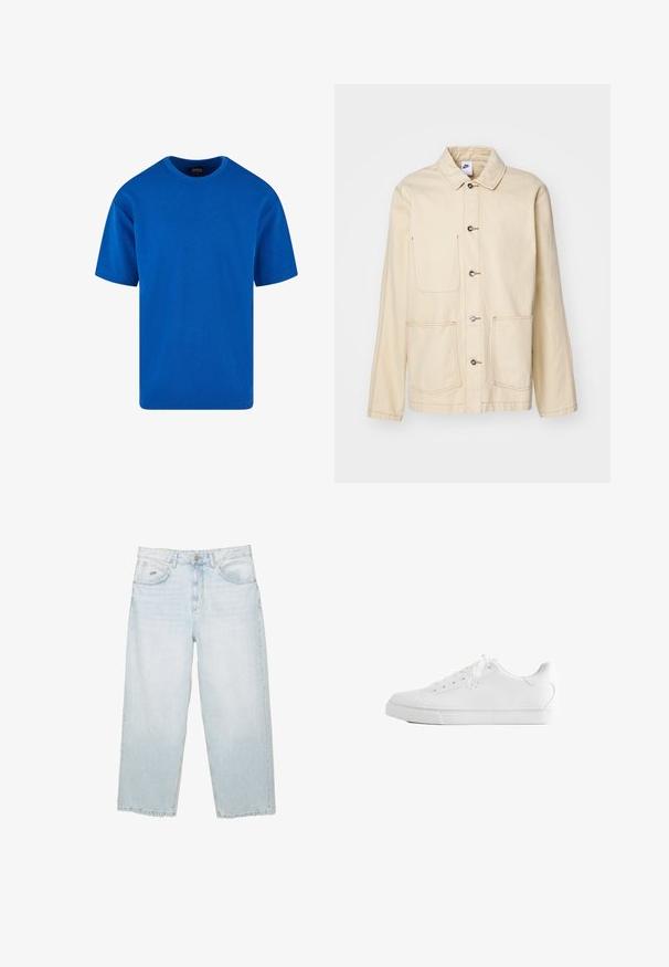 Veste beige avec un devant à boutons, deux poches poitrine et des poches latérales, avec des coutures contrastantes et un col.; T-shirt bleu à manches courtes en coton, avec un col rond classique et une coupe décontractée. Texture lisse sans motifs ni accents visibles.; Jean droit taille haute bleu clair avec bouton à l'avant, poches et petite étiquette métallique de marque sur la poche avant droite.; Baskets basses blanches avec lacets, dessus en cuir lisse et semelle extérieure en caoutchouc plate, vues de côté sur fond blanc.
