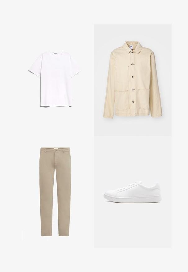 Beige jas met een knoopsluiting aan de voorkant, twee borstzakken en zijzakken, met contrasterende stiksels en een kraag.; Witte katoenen t-shirt met korte mouwen, ronde hals en rechte zoom. Beschikt over een gestikt label aan de onderkant van de linkerkant. Soepele textuur.; Beige slim-fit broek van soepel katoen, met een ritsopening, knoopsluiting, zijzakken en een eenvoudig ontwerp.; Witte lage sneaker met veterluiting, glad leren bovenwerk en dikke rubberen zool, zijaanzicht op een effen achtergrond.