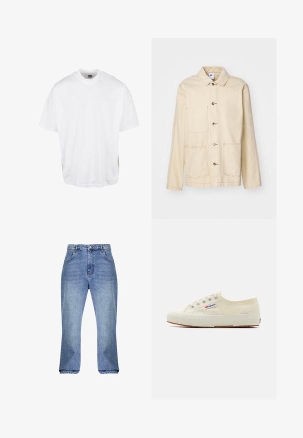 Chaqueta beige con un cierre de botones en la parte delantera, dos bolsillos en el pecho y bolsillos laterales, con costuras en contraste y un cuello.; Camiseta de algodón blanca con un corte relajado, mangas cortas y cuello redondo, que presenta un dobladillo recto y sin gráficos ni patrones visibles.; Jeans de mezclilla azul claro con cintura alta, corte recto y bajos ligeramente acampanados. Presenta un estilo clásico de cinco bolsillos y pasadores para cinturón.; Zapatillas de lona beige con un diseño de perfil bajo, ojales de metal y suela de goma. Presenta un patrón texturizado y detalle del logo en el lateral.