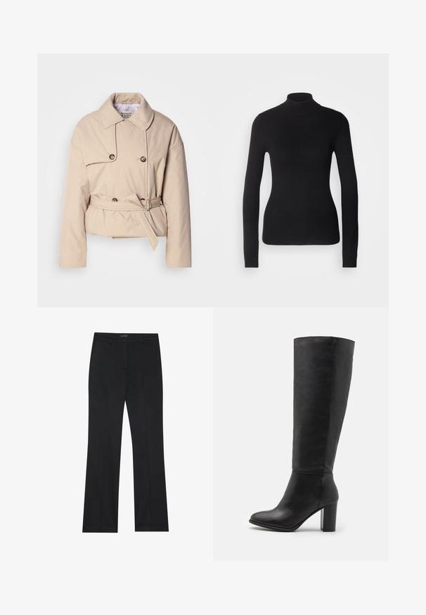 Scotch & Soda LIGHTWEIGHT PADDED - Overgangsjakke - plaza taupe; Sort turtleneck sweater lavet af let strikket stof. Har lange ærmer, et tætsiddende design og en blød ribbet tekstur.; Sorte bukser med lige snit, glat stof og uden synlige mønstre. Designet med klassiske forlommer og lynlås.; Sorte knæhøje støvler lavet af glat læder, med en kraftig hæl og rund tå. Minimalistisk design uden synligt hardware eller dekorationer.
