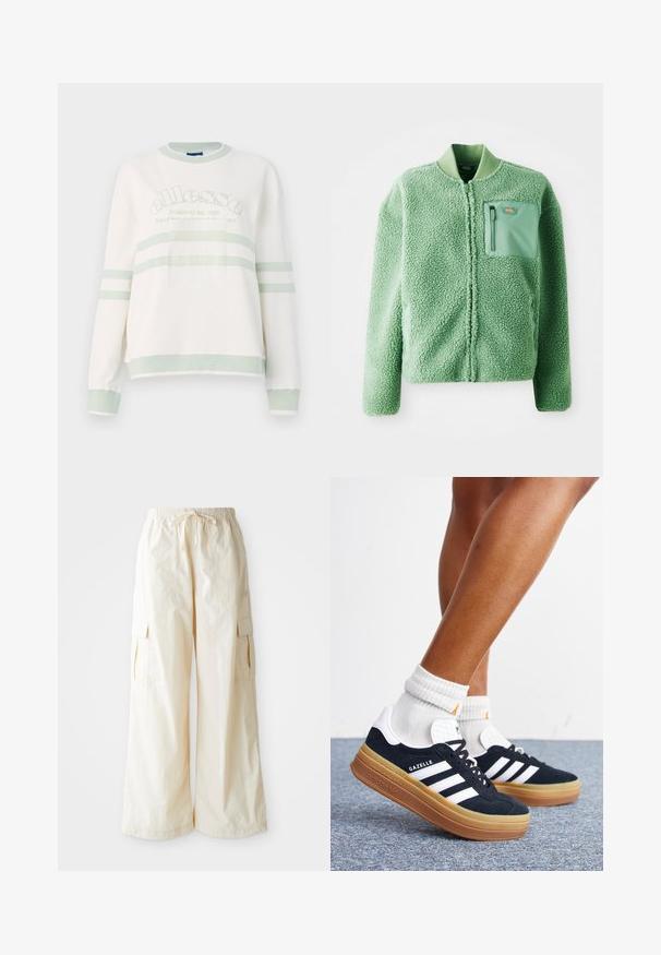 Vihreä fleece-takki, jossa on teksturoitu pinta, ja siinä on vetoketjullinen rintatasku sekä ribbikuvioitu kaulus. Edessä vetoketjusuljenta, pitkät hihat.; Valkoinen ribattu collegemekko vaaleanvihreillä yksityiskohdilla. Ominaisuuksiin kuuluvat pyöreä pääntie, pitkät hihat ja keskelle asetettu logo vaakasuorilla raidoilla.; Lepakauhainen cargo-housut vaalean beige väri, jossa on joustava vyötärönauha, kiristysnauha ja sivutaskut. Suora pinta ja minimaalinen yksityiskohtaisuus.; Jalat pukeutuneina valkoisiin sukkiin ja mustiin Adidas Gazelle -lenkkareihin, joissa valkoiset raidat ja paksut ruskeat pohjat harmaalla matolla.