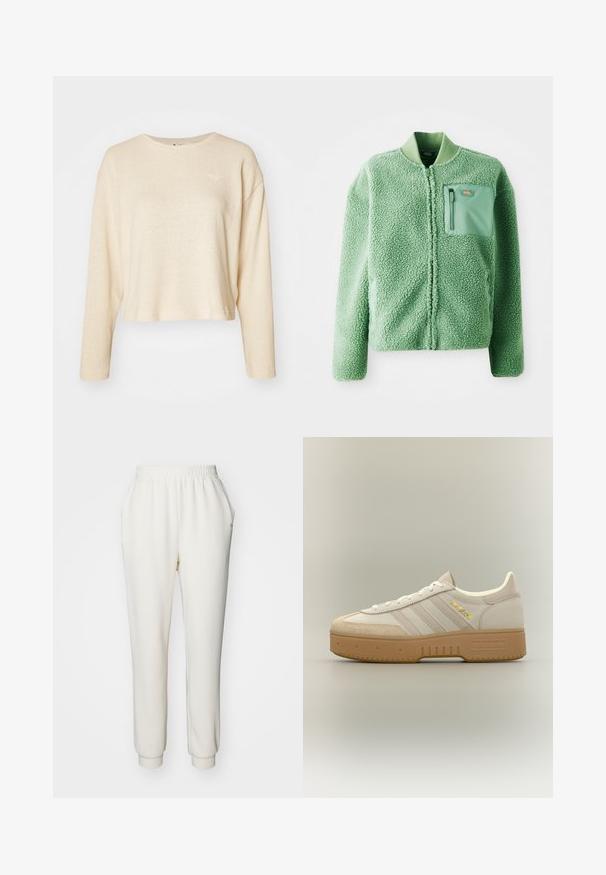 Grøn fleecejakke med en tekstureret overflade, der har en lynlåslomme på brystet og en ribbet krave. Lynlås lukning foran, lange ærmer.; Cremefarvet cropped sweater med lange ærmer, lavet af tekstureret stof. Har et lille, diskret logo på brystet og en rund halsudskæring.; Hvide, tapered sweatpants i blødt stof med elastisk talje og manchetter ved anklerne. Har sidelommer for bekvemmelighed.; Krem- og beige Adidas-sneaker med gummisål, tre striber på siden og "SPECIAL" skrevet i guld nær snørebåndene.