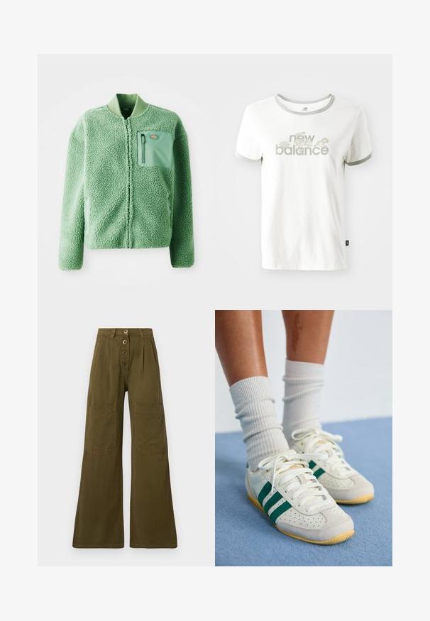 Vihreä fleece-takki, jossa on teksturoitu pinta, ja siinä on vetoketjullinen rintatasku sekä ribbikuvioitu kaulus. Edessä vetoketjusuljenta, pitkät hihat.; Valkoinen puuvillainen t-paita harmailla yksityiskohdilla, jossa on kukkakuvio ja vaaleanvihreät tekstit "new balance". Lyhyet hihat, normaali malli.; Oliivinvihreät leveälahkeiset housut, joissa on korkea vyötärö, neljän napin etuaukko ja suuret suorakulmaiset apliketut taskut reisillä.; Jalat, joissa valkoiset tennarit vihreillä raidoilla ja valkoiset ribbineulotut sukat, seisovat vaaleansinisellä matolla.