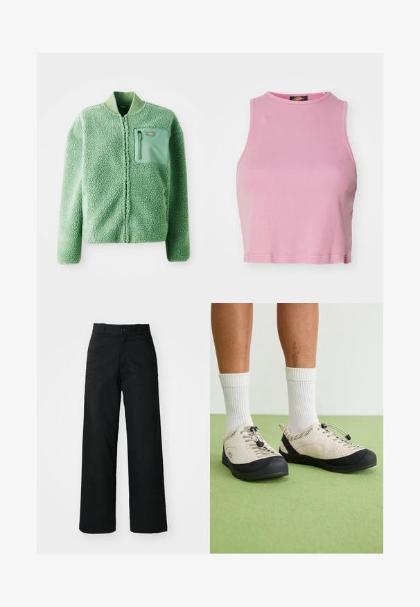 Grøn fleecejakke med en tekstureret overflade, der har en lynlåslomme på brystet og en ribbet krave. Lynlås lukning foran, lange ærmer.; Rosa ribbet crop top med rund halsudskæring og ærmeløs design. Har en kant, der slutter lige over taljen.; Sorte vide bukser med flad front, knaplukning og bæltestropper. Fremstillet af holdbart stof med en glat tekstur.; Beige sko med sorte accenter, mesh sidedele og et sikkert snørebånd. Tykk gummisål med mønstret slidbane. Båret med hvide sokker.