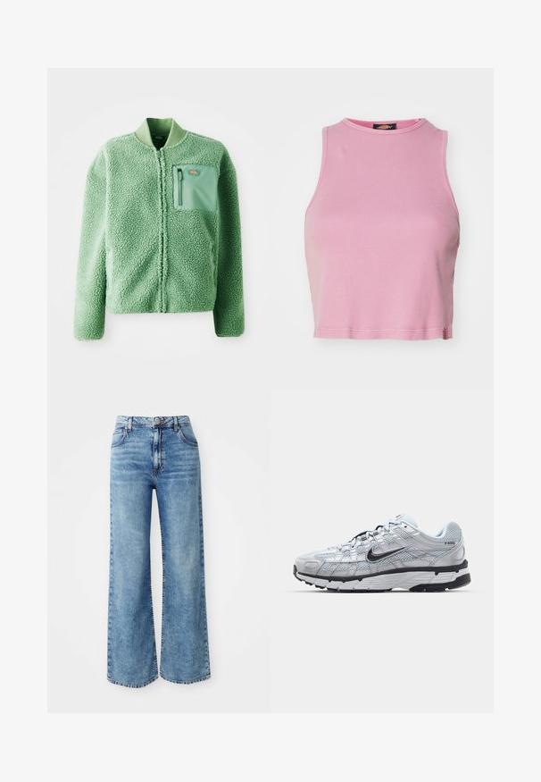 Grøn fleecejakke med en tekstureret overflade, der har en lynlåslomme på brystet og en ribbet krave. Lynlås lukning foran, lange ærmer.; Rosa ribbet crop top med rund halsudskæring og ærmeløs design. Har en kant, der slutter lige over taljen.; Lysblå denim bredbente jeans med høj talje, der har fem lommer, knaplukning øverst og kontrastsyninger langs sømmene.; Nike P-6000 sneakers med en lys grå mesh overdel, sorte accenter og en holdbar sort gummisål. Har et detaljeret design og snøresystem.