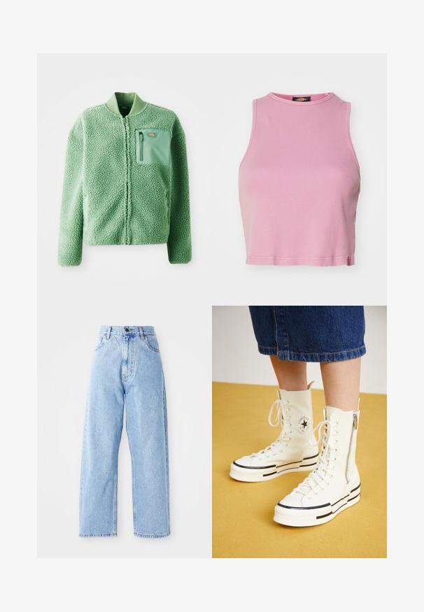 Grøn fleecejakke med en tekstureret overflade, der har en lynlåslomme på brystet og en ribbet krave. Lynlås lukning foran, lange ærmer.; Rosa ribbet crop top med rund halsudskæring og ærmeløs design. Har en kant, der slutter lige over taljen.; Højhalset lysblå denimjeans med lige vide ben, frontknap, lynlås lukning samt front- og baglommer.; Hvide høj-top sneakers med lynlåslukning, snørresystem og sorte striber på en tyk sål. Tekstureret kanvasmateriale.