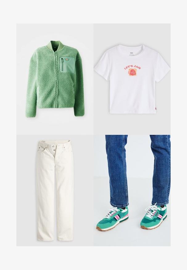 Vihreä fleece-takki, jossa on teksturoitu pinta, ja siinä on vetoketjullinen rintatasku sekä ribbikuvioitu kaulus. Edessä vetoketjusuljenta, pitkät hihat.; Valkoinen lyhythihainen t-paita, jossa on kuva paahtoleivästä, jossa on punaisella hillolla levitetty täyte, ja sen yläpuolella on punaisin kirjaimin teksti "LET'S JAM".; Valkoiset korkeat suorat farkut, joissa on nappikiinnitys, etu- ja takataskut sekä näkyvät kupariset niitit taskun kulmissa.; Vihreät urheilukengät, joissa on valkoisia ja laivaston sinisiä yksityiskohtia, vaaleanpunaiset raidat ja teksturoitu kangas. Valkoisilla kengännauhoilla varustetut; kumipohja.