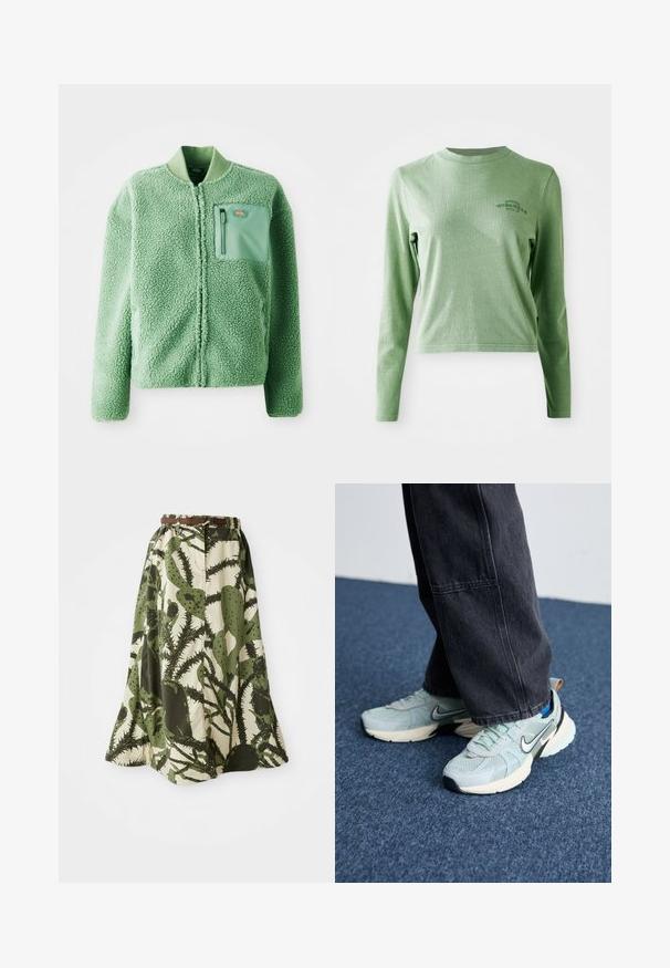 Grøn fleecejakke med en tekstureret overflade, der har en lynlåslomme på brystet og en ribbet krave. Lynlås lukning foran, lange ærmer.; Lys grøn langærmet t-shirt lavet af blødt bomuld, med en rund halsudskæring og et lille trykt logo på øverste venstre side.; Lang nederdel med kaktusprint i nuancer af grøn og creme, med en sammenpresset talje og et brunt bælte til lukning.; Lyseblå mesh Nike sneakers med struktureret finish, sort swoosh og cremefarvet mellemsål, parret med mørkegrå vide bukser.