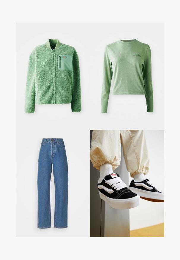 Vihreä fleece-takki, jossa on teksturoitu pinta, ja siinä on vetoketjullinen rintatasku sekä ribbikuvioitu kaulus. Edessä vetoketjusuljenta, pitkät hihat.; Vaaleanvihreä pitkähihainen t-paita, joka on valmistettu pehmeästä puuvillasta. Paidassa on pyöreä kaula-aukko ja pieni painettu logo vasemmalla ylhäällä.; Korkea vyötärö, suora lahje siniset farkut, joissa on haalistunut viimeistely. Ominaisuuksiin kuuluvat viisi taskua, nappikiinnitys ja hienovaraiset tikkaus yksityiskohdat.; Henkilö, joka käyttää mustavalkoisia Vans-tennareita valkoisilla nauhoilla, valkoisia sukkia ja beigenvärisiä housuja, joissa on joustavat resorit.