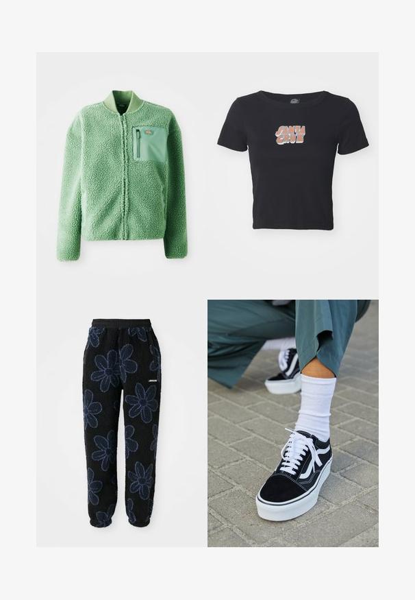 Grøn fleecejakke med en tekstureret overflade, der har en lynlåslomme på brystet og en ribbet krave. Lynlås lukning foran, lange ærmer.; Sort cropped t-shirt lavet af bomuld, med et farverigt "SANTA CRUZ" grafik på forsiden. Korte ærmer og rund halsudskæring.; Fleece joggers med sort baggrund og mørkeblå blomsterdesign. Har en elastisk talje og sidelommer. Blød tekstur.; Sorte ruskinds sneakers med hvide accenter og snørebånd, der har en tyk hvid sål og kontrasterende syninger, parret med en hvid sok.